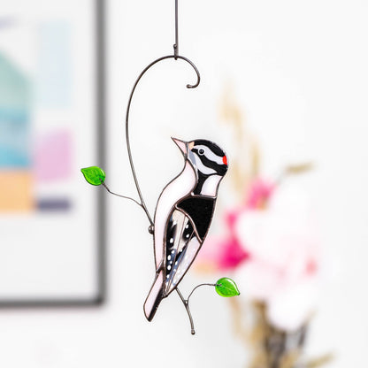 Downy woodpecker stained glass window hangings