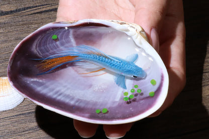 Epoxy resin painting blue koi int a strong shell, resin handcraft