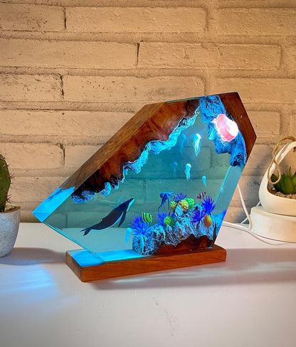 Humpback whale and Jellyfish resin night light,Epoxy and Wooden Night Lights